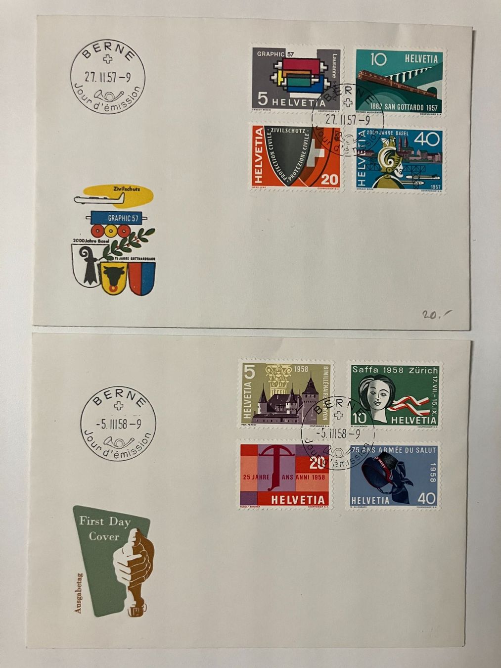Tutti i francobolli: 1957/58, FDC, franz. KP 105.-- – Usato da Würenlos venduto da Eulenpostuhu