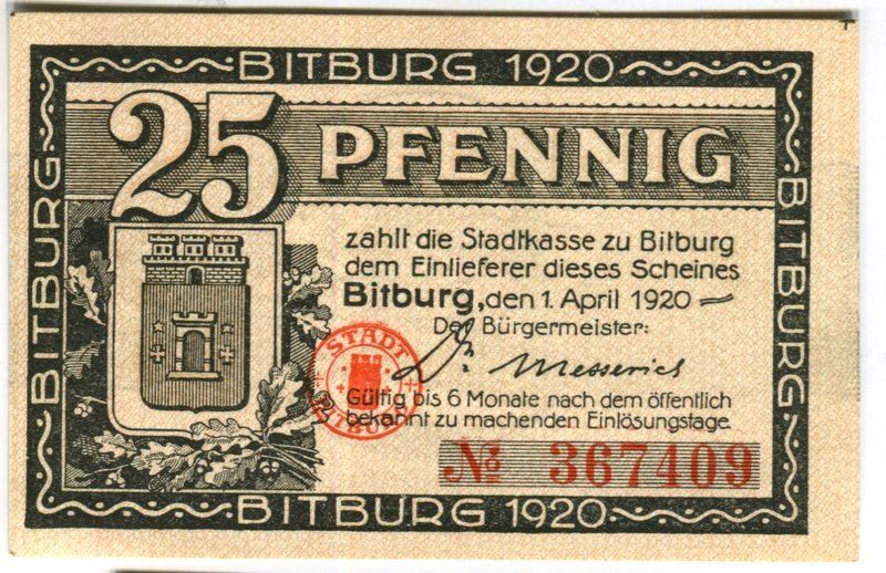 Banknoten: Notgeld "25 Pfennig. Bitburg 1920" – Gebraucht aus Basel von Butsch5