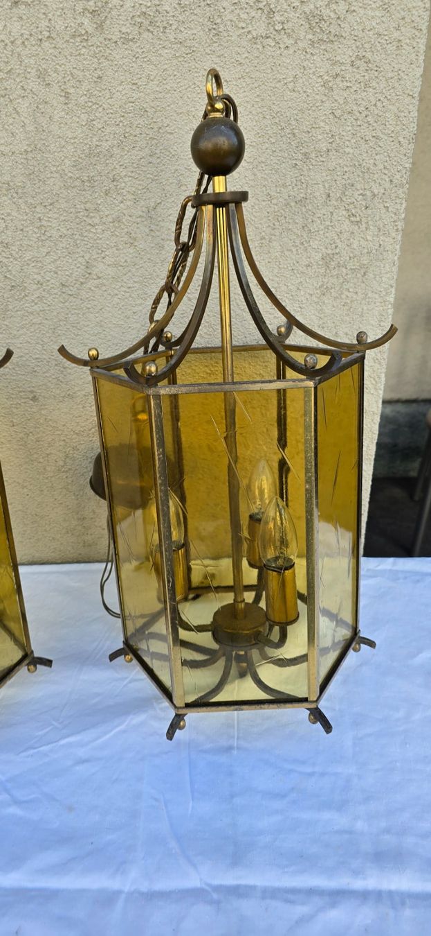 Lampadari & plafoniere: 2 Pendelleuchte, Laterne aus Messing und Glas – Usato da Basel venduto da Jcva 2