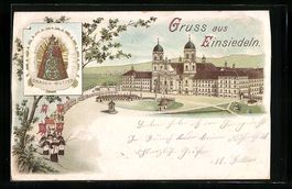 Litho Einsiedeln, Kloster mit Prozession