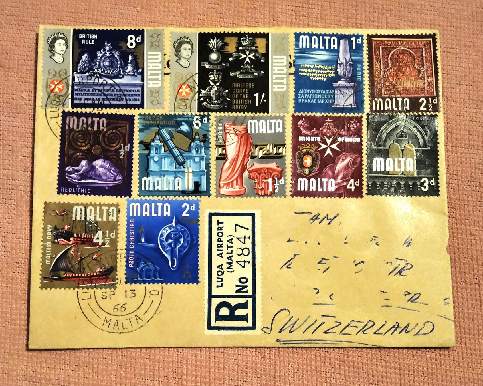 Tutti i francobolli: Altes Kuvert mit 11 Briefmarken von MALTA, 1966 – Usato da Thalwil venduto da freespirit-kev