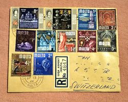 Altes Kuvert mit 11 Briefmarken von MALTA, 1966