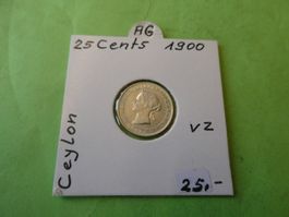 Ceylon 1900, 25 Cents    Silber