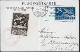 1925 Karte Flugpost BASEL-ZÜRICH F5 mit VIGNETTE top ab 1.-
