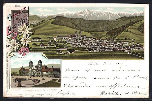 Cartoline postali: Einsiedeln, Panorama vom Ort mit Ansicht – Usato da Berlin venduto da bartko-reher