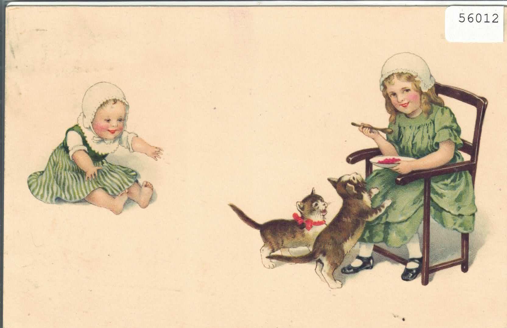 Ansichtskarten: 2 kl. Mädchen mit Katzen - Litho – Gebraucht aus Ettingen von Kartenplanet