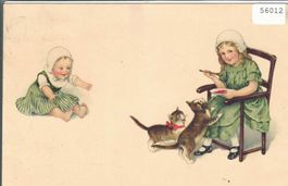 2 kl. Mädchen mit Katzen - Litho