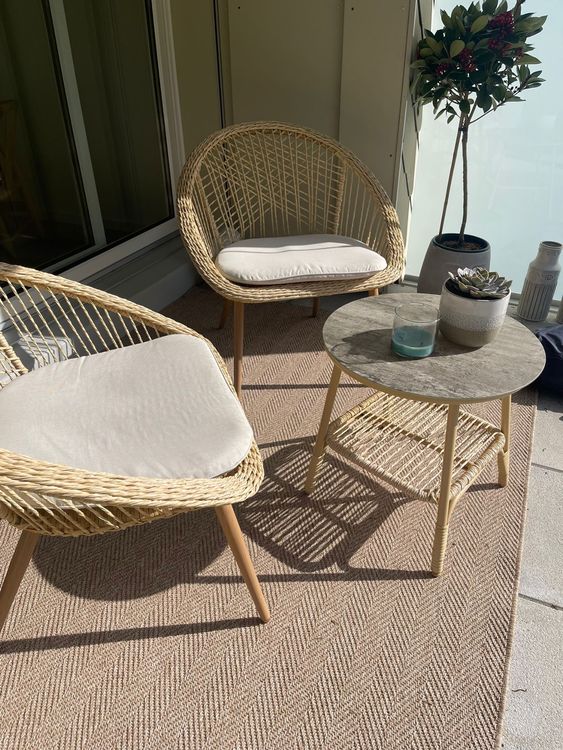 Balkonset 2 Stühle + 1 Tisch Spaghetti-Optik Rattan Natur – Acapulco Style Für Innen & Außen