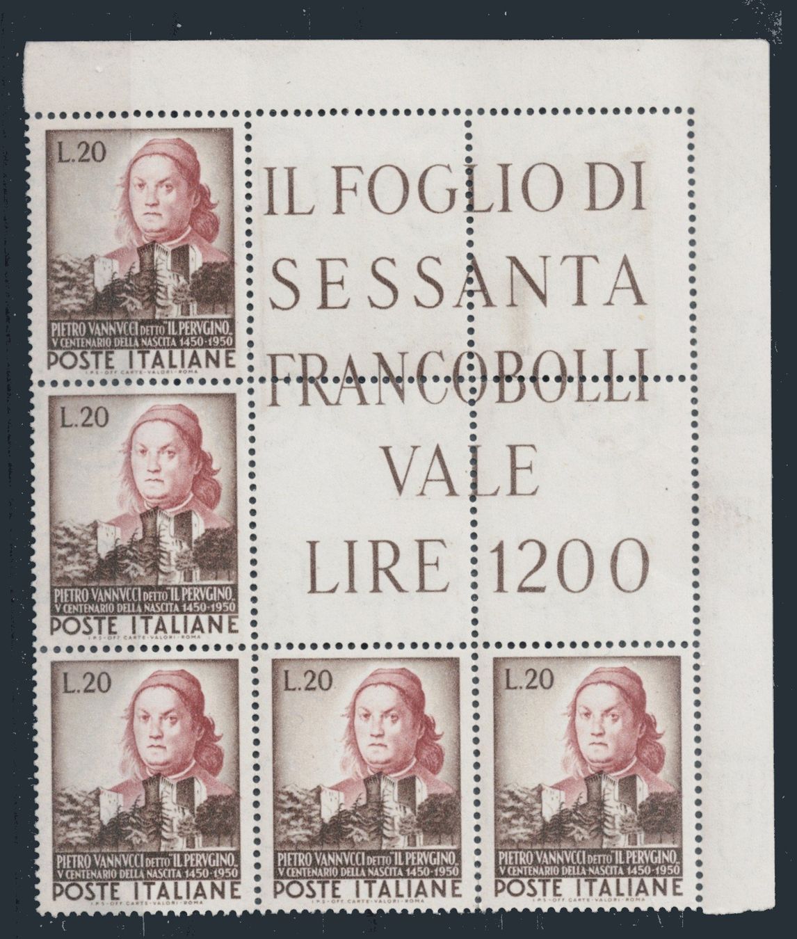 Tous les timbres: Italien 1951, Pietro Vanucci, Bogenecke Text, postfrisch ** – Neuf (Voir description) à Kriens par goofy46