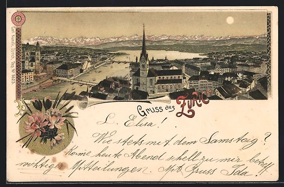 Cartoline postali: Lithographie Zürich, Totale mit Kirche – Usato da Berlin venduto da bartko-reher