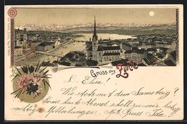 Lithographie Zürich, Totale mit Kirche