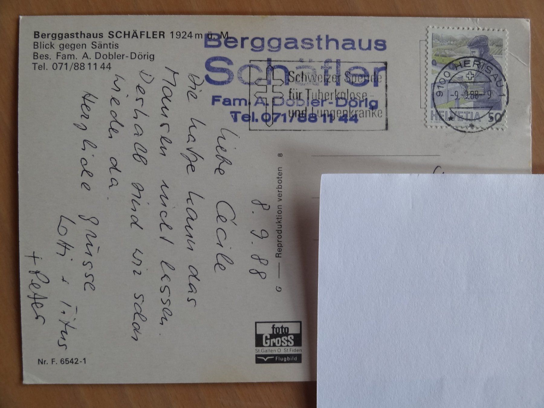 Cartoline postali: Berggasthaus Schäfler - Säntis  - 1988 – Usato da St Léonard venduto da Riglin 1