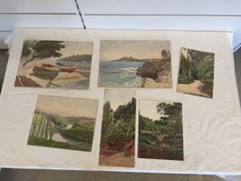 Ensemble 5 aquarelles et 2 esquisses bateaux E. Eynard 1911 