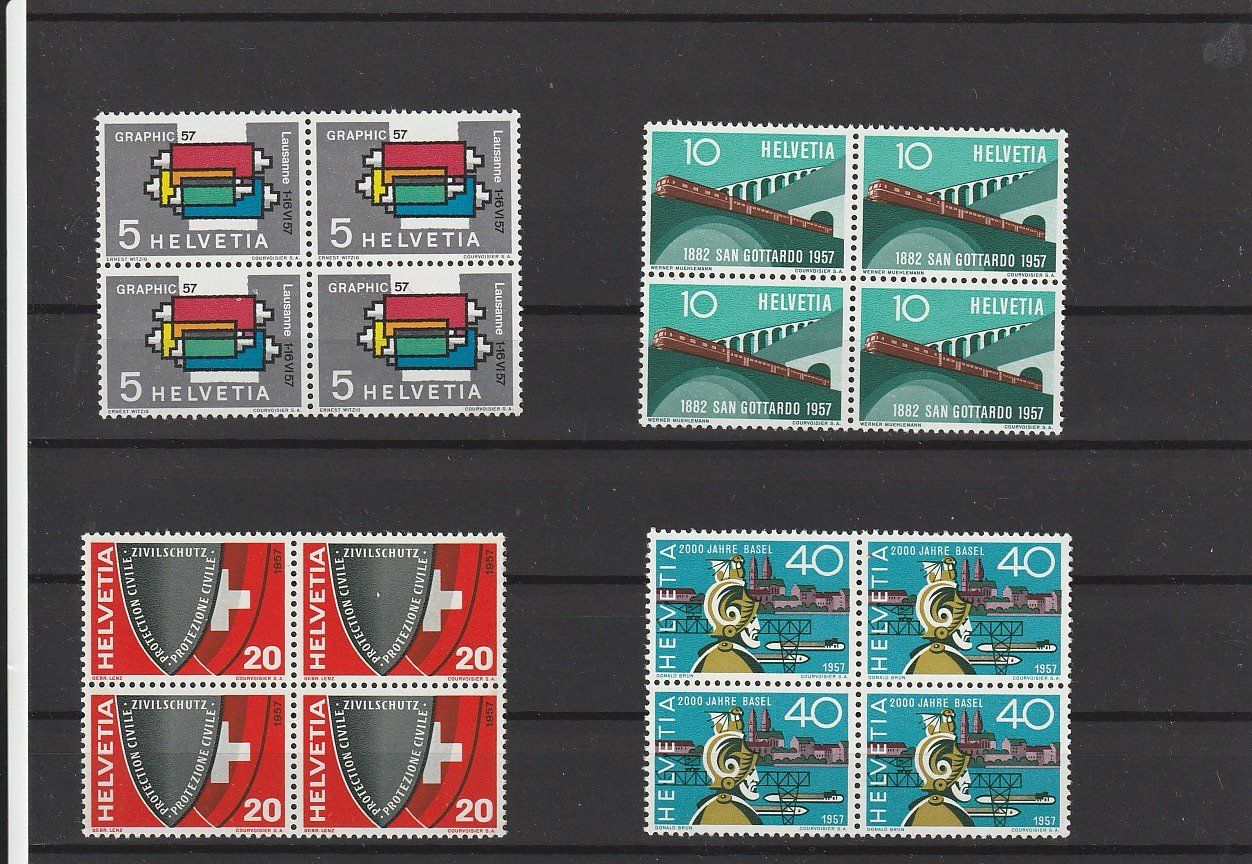 Tutti i francobolli: Viererblock-Satz postfrisch 1957, Kat. 40.- Fr. – Usato da Zürich venduto da 1BJM5