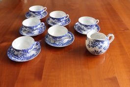 Antikes Kaffeeservice, blau-weiss, 6 Tassen+Milchkrug