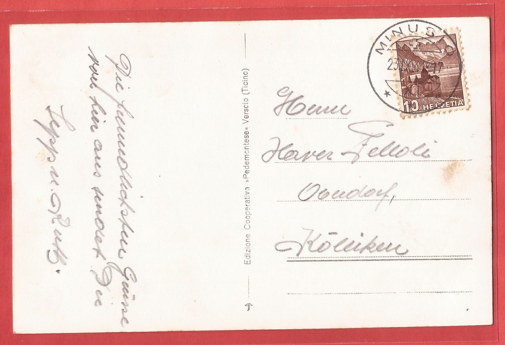 Cartoline postali: Verscio im Centovalli - 1941 – Usato da Fislisbach venduto da Porano 1