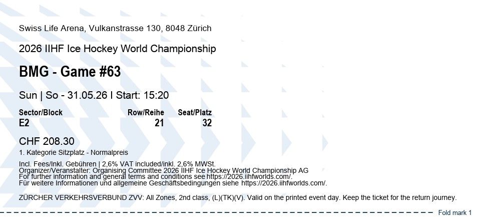 Biglietti: IIHF Bronze Final - 2 Tickets – Nuovo e nell'imballaggio originale da Winterthur venduto da Hun_sm8f 1