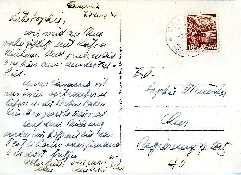 Cartoline postali: Soglio - Dorfteil + 1942 – Usato da Emmenbrücke venduto da teestube 1