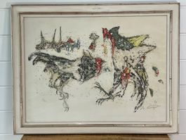 Alois Carigiet Lithografie Hahnenkampf Bleistiftsignatur