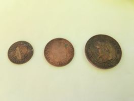 3 Antike Französische Münzen, DEUX, CINQ, DIX-CENTIMES,  