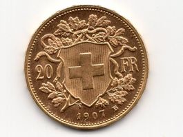 (53) CH, 20 Franken Vreneli 1907, Top stgl