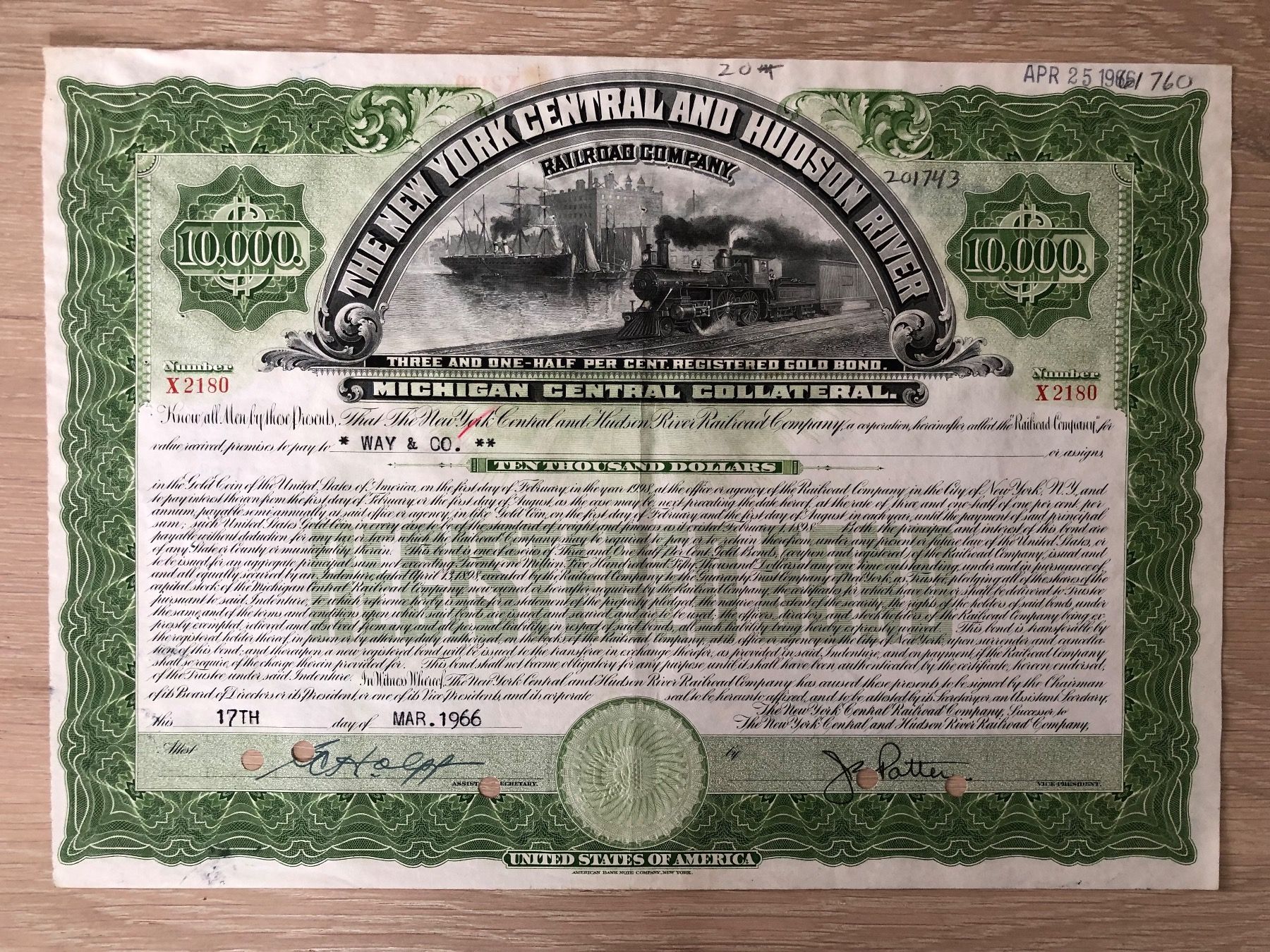 Documenti: RAR - Bahnaktie "NY Central And Hudson River Railroad" 1966 – Usato da Thalwil venduto da holoarte