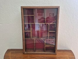 Setzkasten Holz mit Glasfront und rotem Samt Vintage Schrank