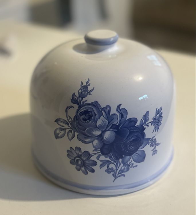 Plat à Fromage Vintage – Cloche Et Plateau Rond Fleurs Bleues – Céramique émaillée
