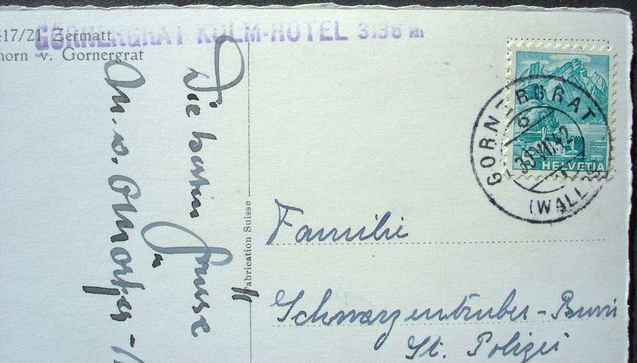 Cartoline postali: ZERMATT Breithorn v. Gornergrat - Stempel Hotel – Usato da Jona venduto da philajona 1