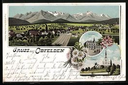 Litho Obfelden, Schule, Kirche und Pfarr