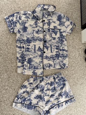 Pyjama Set kurz blau weiss Toile de Jouy Muster Grösse S