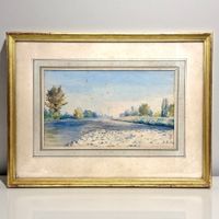 Aquarelle ancienne, Paysage de rivière, 1904, Signée JG