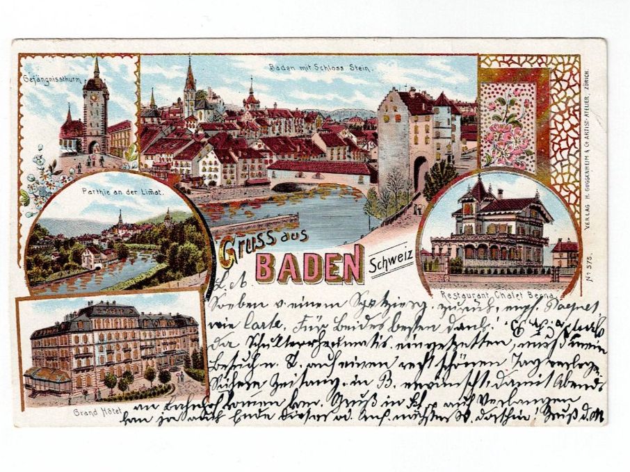 Cartoline postali: Schweiz, 3 Ansichtskarten Gruss aus Baden, Baden 1901 – Usato da Hinteregg venduto da McCharly01 1