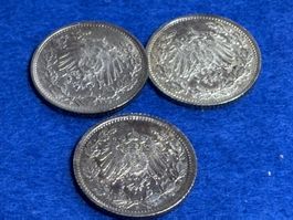 3 x 1/2 Mark, Deutsches Reich, diverse Jahrgänge