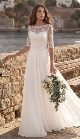 Brautkleid weiss Spitze halblange Ärmel neu