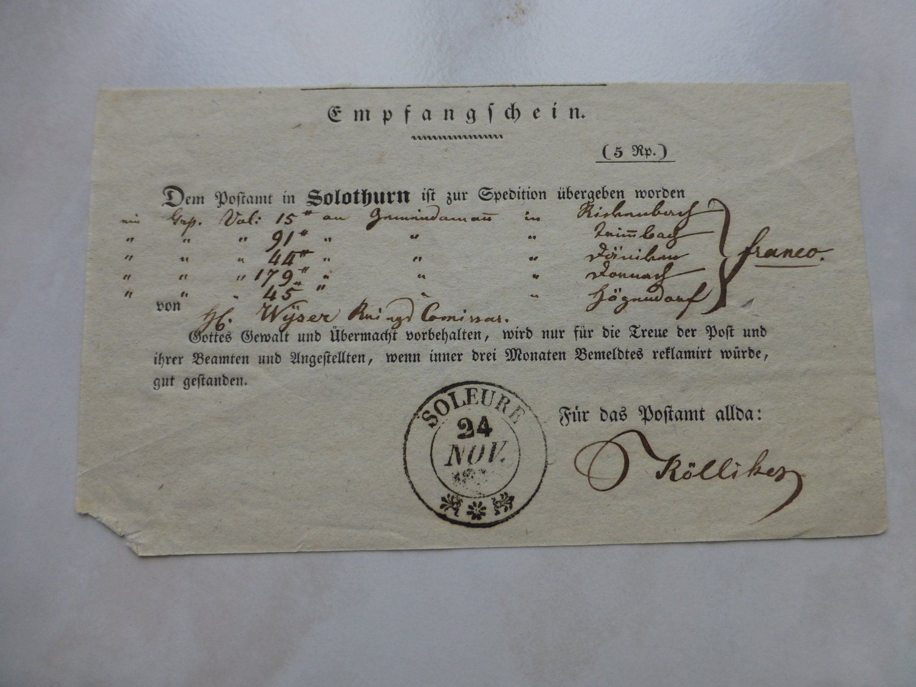 Documenti: Empfangschein Solothurn 24.Nov. 1840er Jahren – Usato da Bettlach venduto da 1saurer