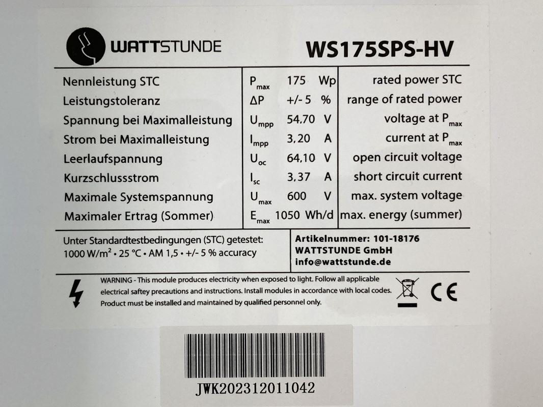 Dispositivi a energia solare: WATTSTUNDE | WS175SPS-HV | Solarpanel – Nuovo (secondo la descrizione) da Wittenbach venduto da Restwert_St-Gallen 1