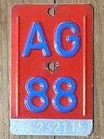 AG 88 - VELONUMMER - FAHRRADSCHILD - PLAQUE DE VELO - AG 88