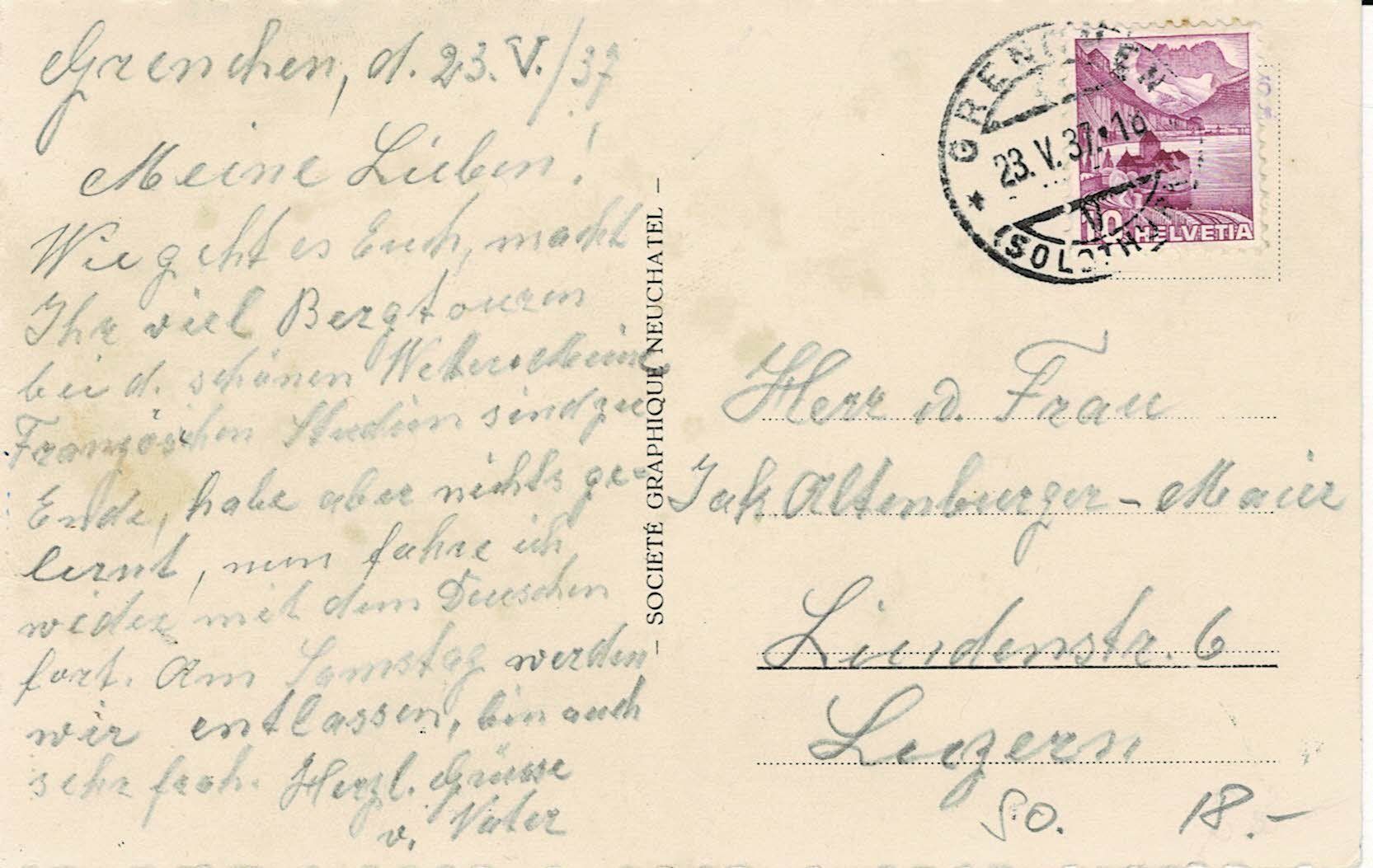 Cartoline postali: 6634 GRENCHEN -  GRANGES SO gel. 1937! – Usato da Hergiswil NW venduto da Kartenfrau 1