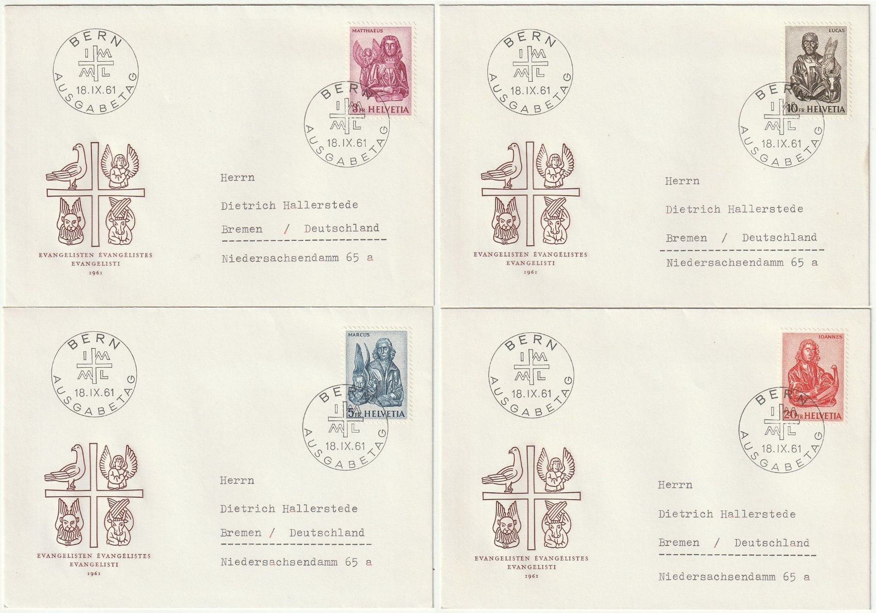 Tutti i francobolli: Evangelisten, 4 Einzel-FDC 18.IX.61 Kat. 180.- – Usato da Fislisbach venduto da Zigzag12