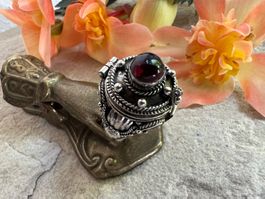 Ring 925 Silber mit Geheimfach Granat Gr 58 - Bali 1980
