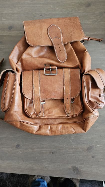 sac a dos vintage en cuir naturel