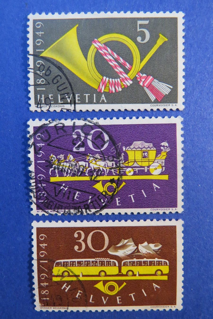 Tutti i francobolli: Serie '100 Jahre Eidg.Post' 1949, Nr.291-293. – Usato da Brunnen venduto da Kumari