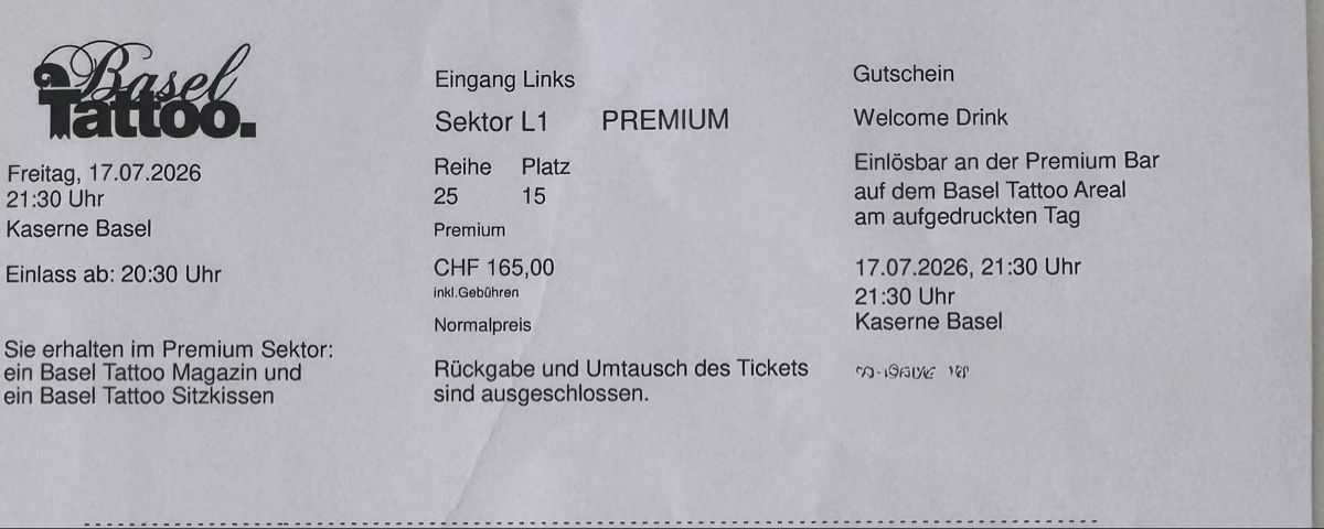 Tickets: Tattoo Basel 17.7.26 4x – Neu und originalverpackt aus Geroldswil von eka_grb2 2