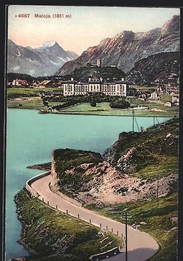Cartoline postali: AK Maloja, Panorama mit Hotel – Usato da Berlin venduto da bartko-reher