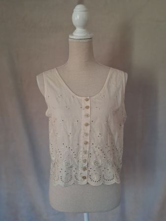 Vintage ärmellose Bluse beige mit Stickerei Gr. M