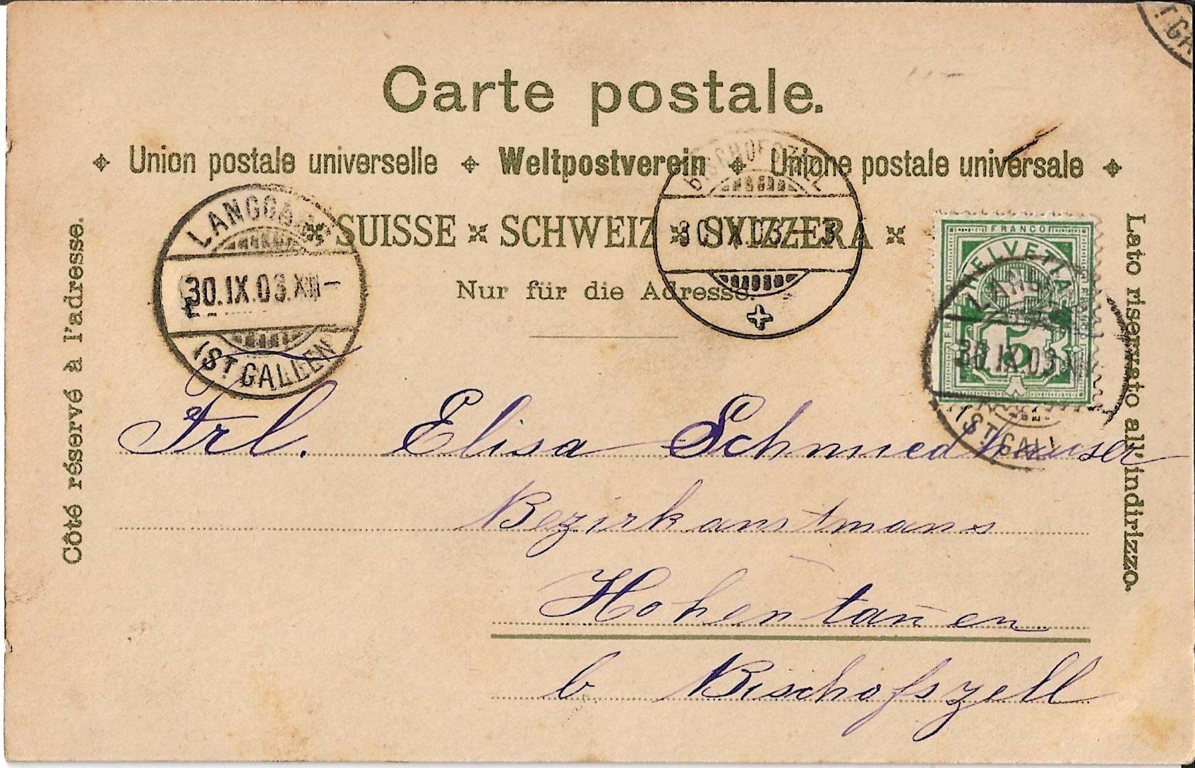 Cartoline postali: Karte St. Gallen 1903 – Usato da Zürich venduto da Philacat11 1