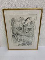 Vintage Schweizer Kunstdruck Schloss Hallwyl im Goldrahmen