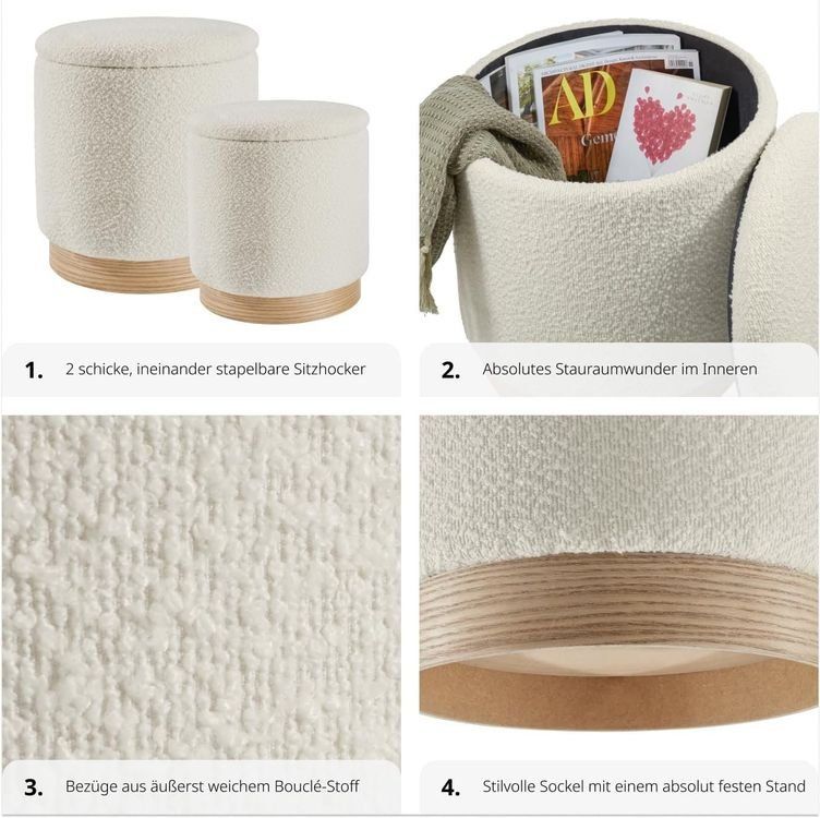Sgabelli: 2er Set Hocker mit Stauraum Bouclé Sitzhocker AMELIE – Nuovo e nell'imballaggio originale da Lachen SZ venduto da sw3zzy 4
