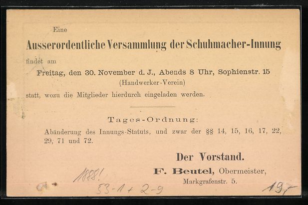 Cartoline postali: Einladung zur Versammlung der Schuhmache – Usato da Berlin venduto da bartko-reher 1